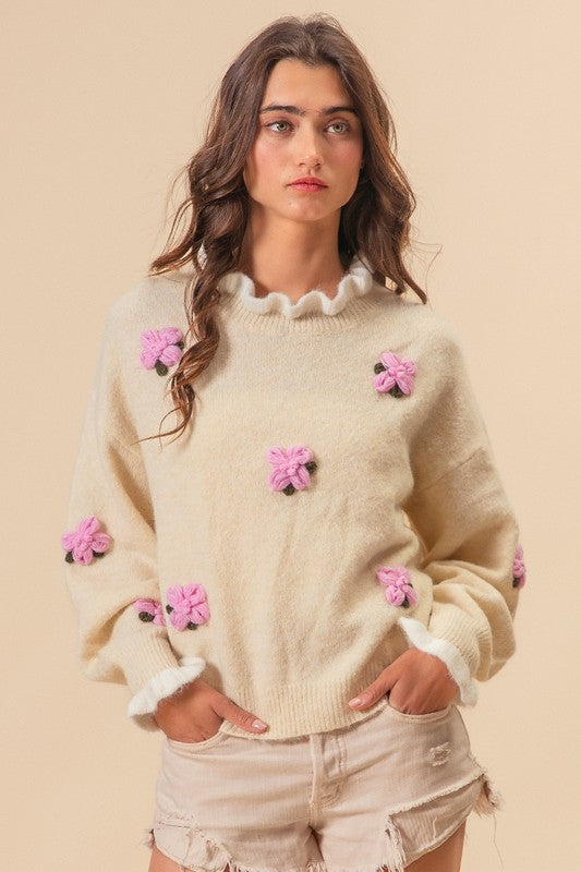 Cream Crochet Flower Sweater